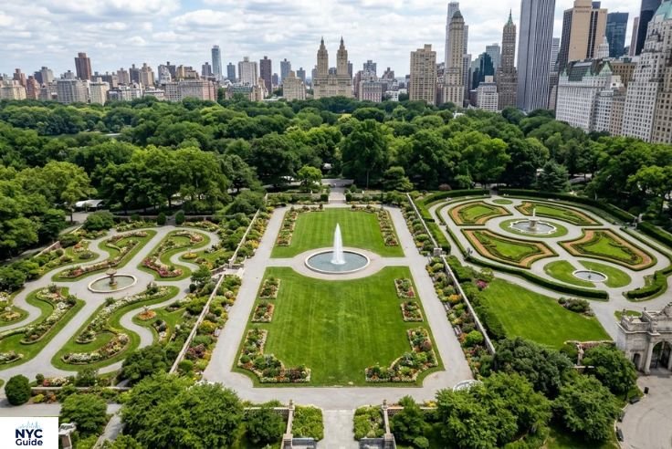 Aerial view of Conservatory Garden showing its three formal garden sections in Central Park