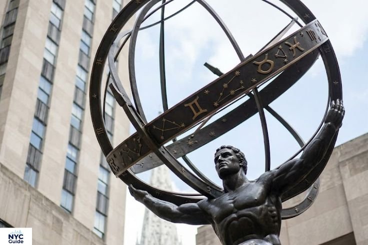 "Close-up view of Atlas holding the celestial sphere at Rockefeller Center"
