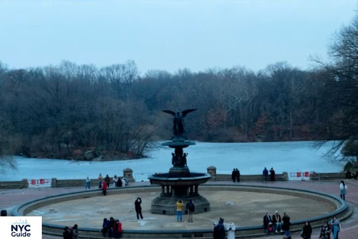 Wide view of terrace and fountain