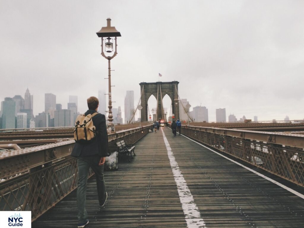 Brooklyn Bridge pedestrian walkway with Manhattan skyline view