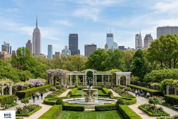 Italian style Central Garden in Conservatory Garden with long lawn and fountain
