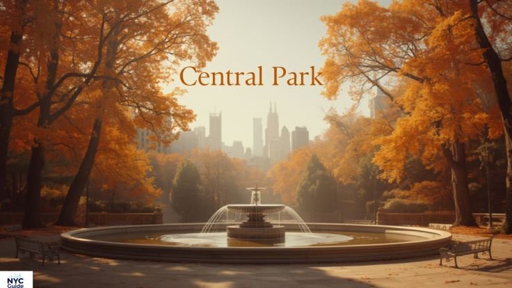 Bethesda Fountain in Central Park surrounded by fall foliage