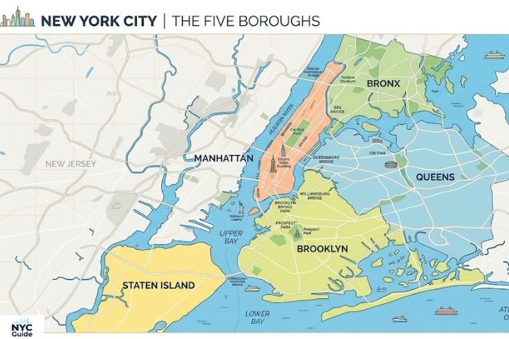 Map of New York City boroughs including Manhattan Brooklyn Queens Bronx and Staten Island