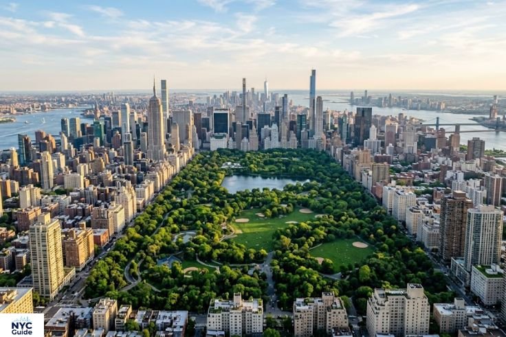 New York City skyline aerial view showing Manhattan layout for atlas NYC guide