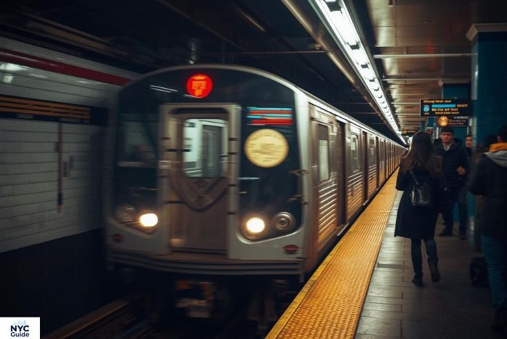 New York City subway train arriving at station