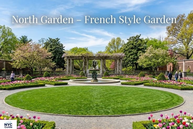 North Garden in Conservatory Garden with tulips and formal French-style layout