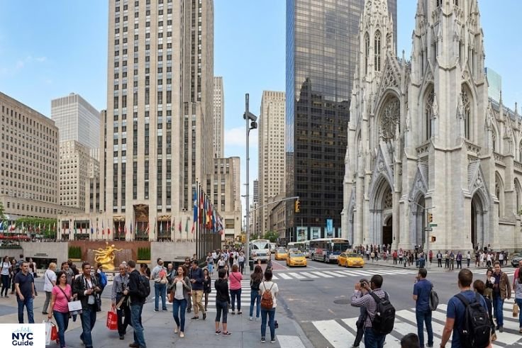 Atlas Statue with St. Patrick's Cathedral visible across Fifth Avenue