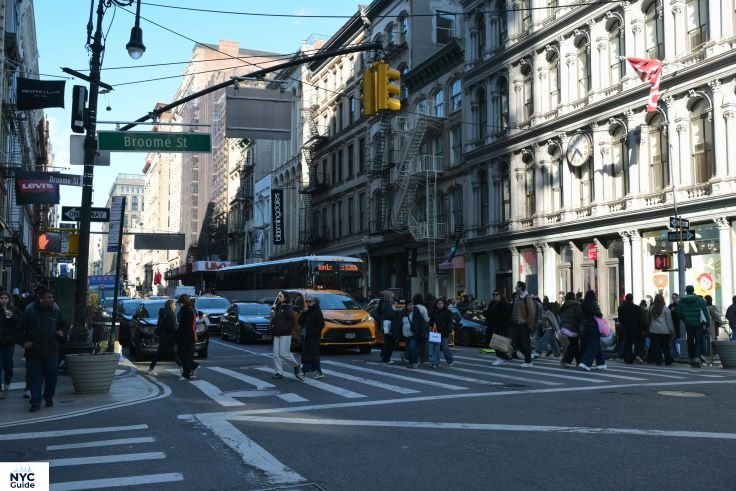 SoHo neighborhood with cast iron buildings and cobblestone streets