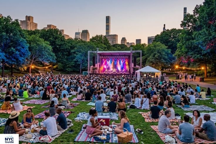 Visitors sitting on blankets at Rumsey Playfield during an outdoor concert