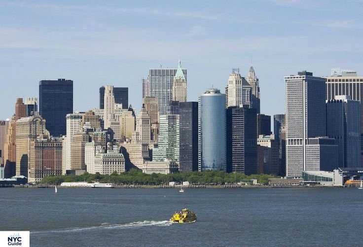 Downtown New York City skyline with One World Trade Center at sunset