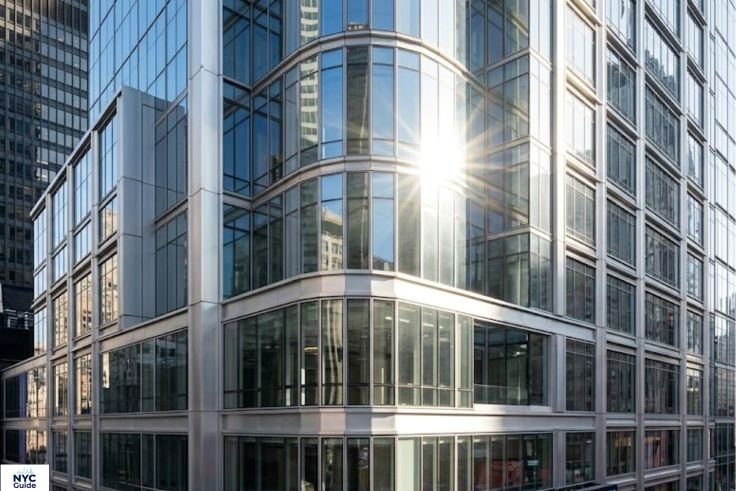 Glass facade of Four Times Square skyscraper in New York City