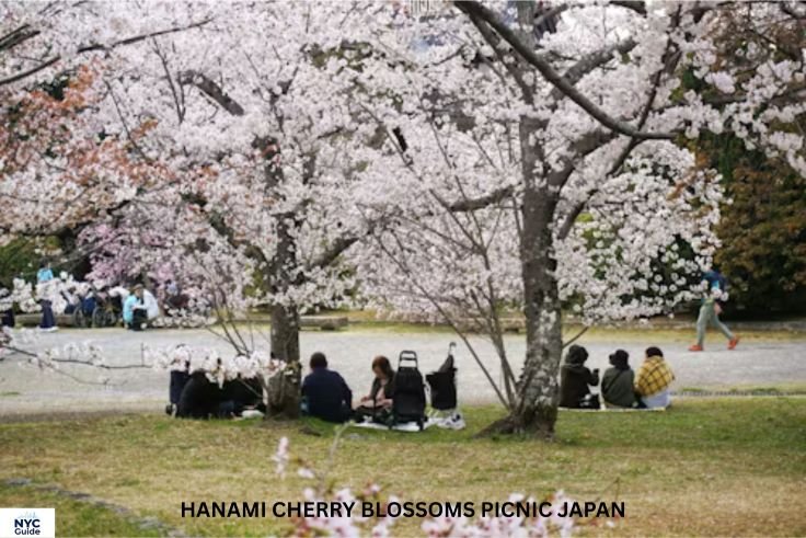 People enjoying cherry blossoms during hanami picnic under blooming trees