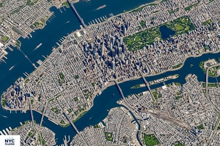 Aerial view of Manhattan island surrounded by Hudson and East River