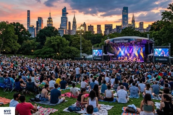 Rumsey Playfield in Central Park during a SummerStage concert with a large crowd and live stage