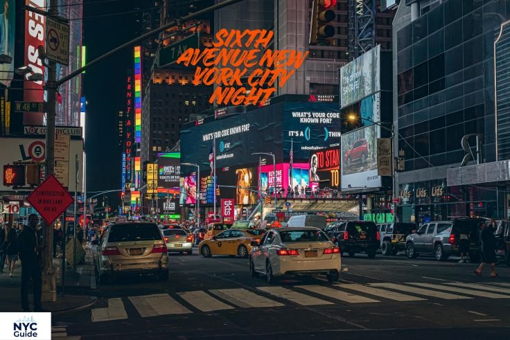 Sixth Avenue New York City at night with city lights