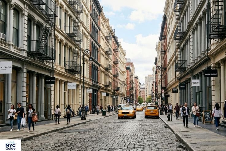 Cast iron buildings and cobblestone street in SoHo Manhattan