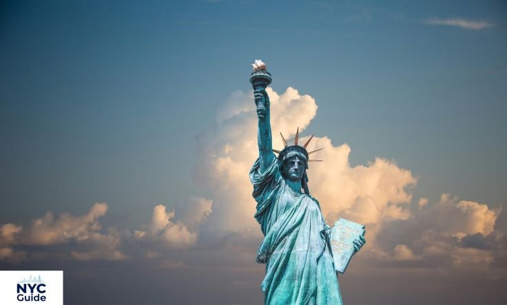 Statue of Liberty on Liberty Island with Manhattan skyline in the background