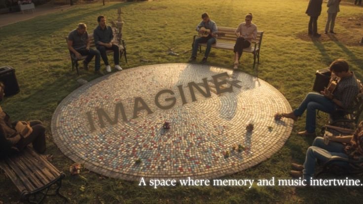 Visitors at Strawberry Fields Imagine mosaic paying tribute