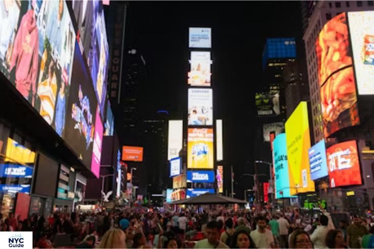 Times Square at night filled with crowds and bright lights in New York City