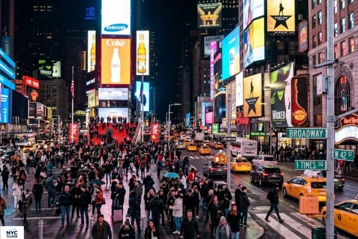 Times Square Midtown Manhattan with bright lights and crowds