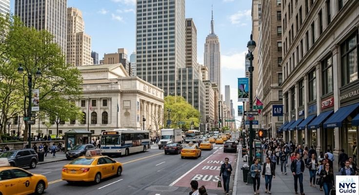 5th Avenue near Bryant Park with city buildings