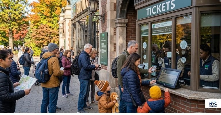 Visitors buying Bronx Zoo tickets at the entrance booth
