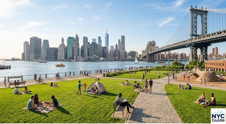 Brooklyn Bridge Park waterfront with Manhattan skyline view
