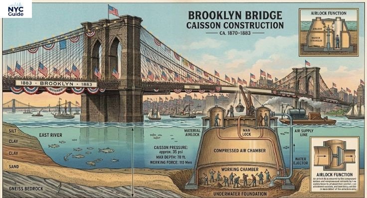 Illustration showing how underwater caissons were used to build the Brooklyn Bridge