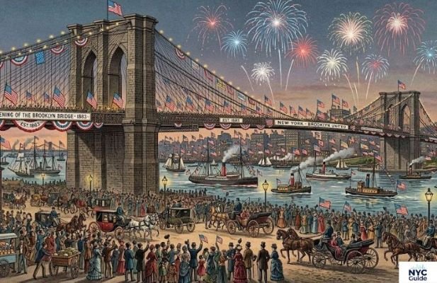 Crowds celebrating the opening of the Brooklyn Bridge in 1883
