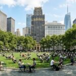 Bryant Park NYC with skyline view and central lawn