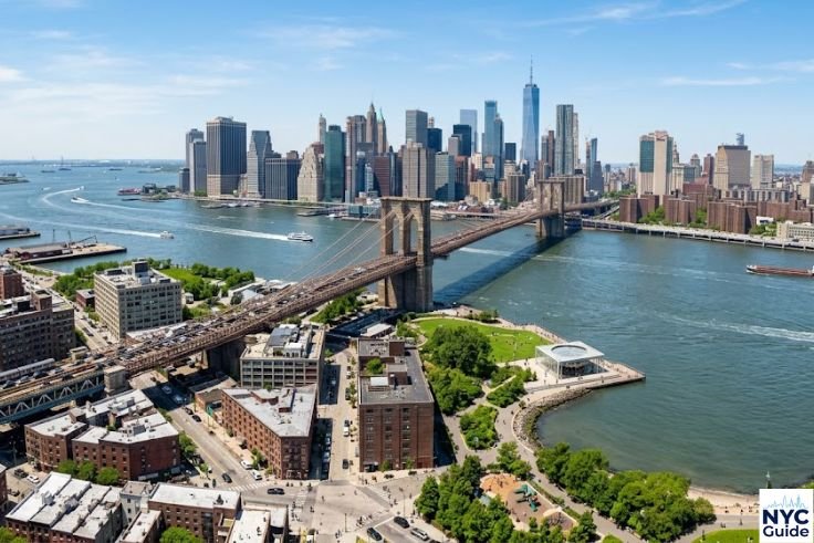 Aerial view of DUMBO Brooklyn along East River and Brooklyn Bridge Park
