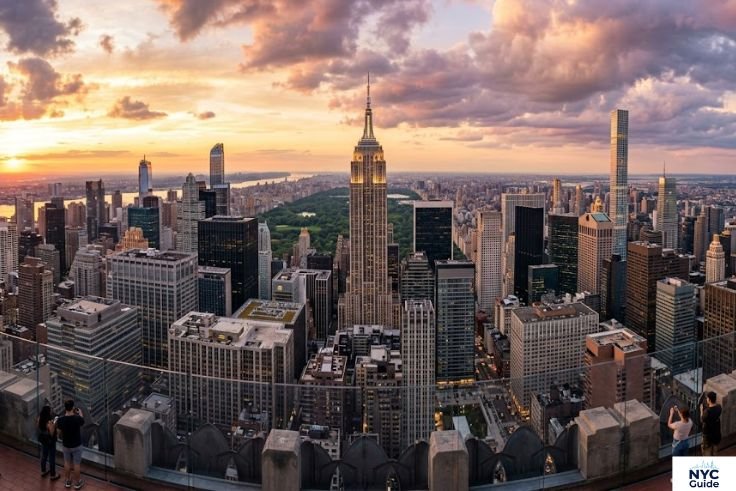 Manhattan skyline view from Top of the Rock at sunset with the Empire State Building in the center