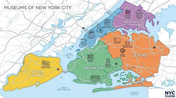 map showing distribution of museums in New York City boroughs