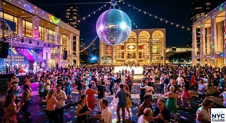 Outdoor dance floor with disco ball at Lincoln Center Summer for the City