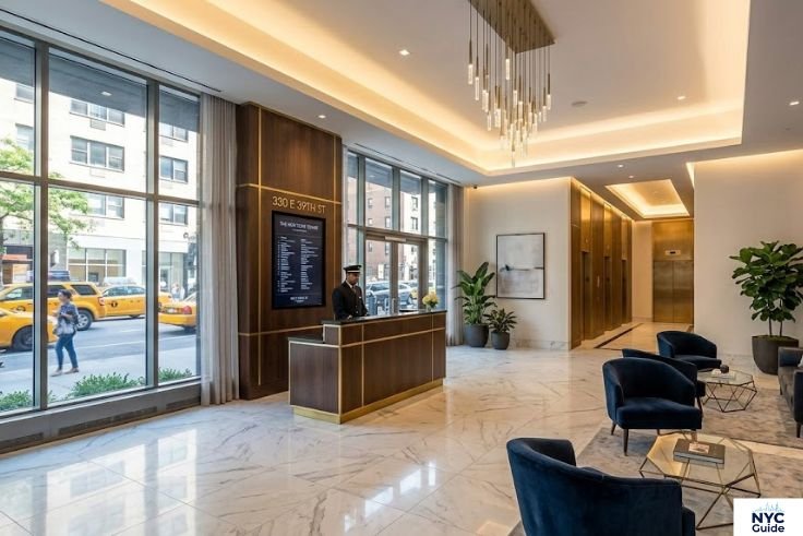 Elegant lobby interior inside New York Tower NYC