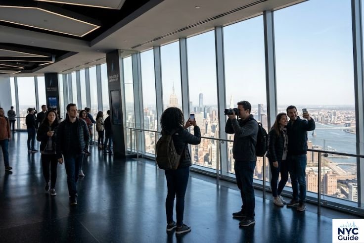 Visitors enjoying skyline views inside One World Observatory