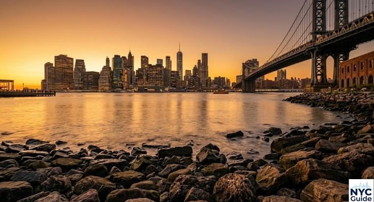 Pebble Beach DUMBO with sunset skyline view

