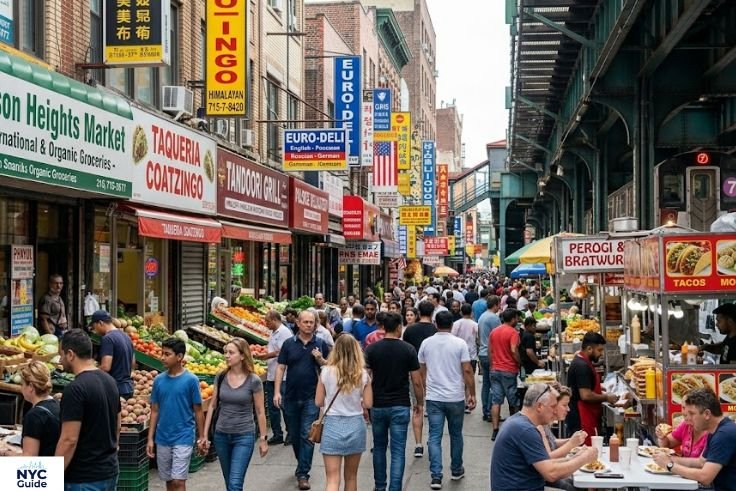 Diverse neighborhood street scene in Queens New York