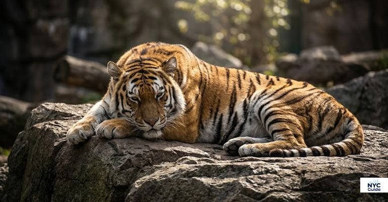 Siberian tiger resting on rocks at Bronx Zoo Tiger Mountain