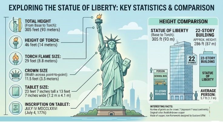 Infographic showing the height and measurements of the Statue of Liberty