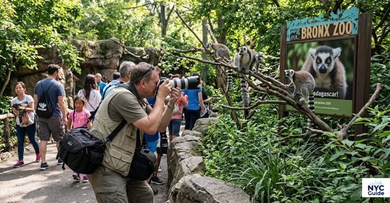 Tourist taking wildlife photos at Bronx Zoo