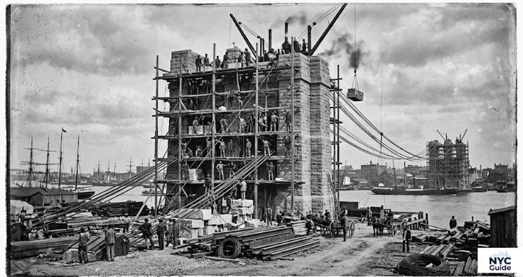 Workers constructing the Brooklyn Bridge during the 1870s