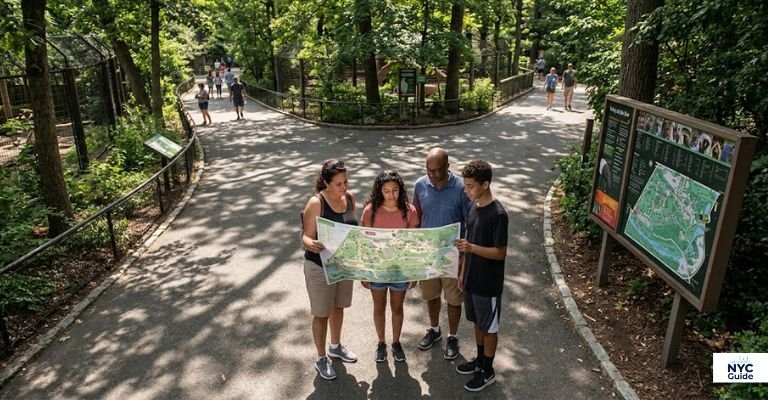 Visitors using a Bronx Zoo map to plan their walking route