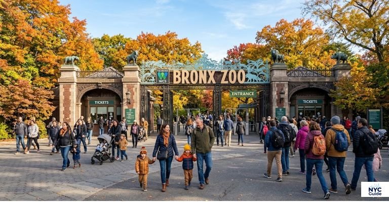 Bronx Zoo entrance with visitors walking toward the main gate in New York City