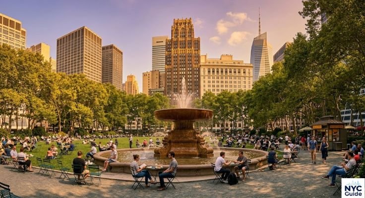 Bryant Park fountain with people relaxing around it