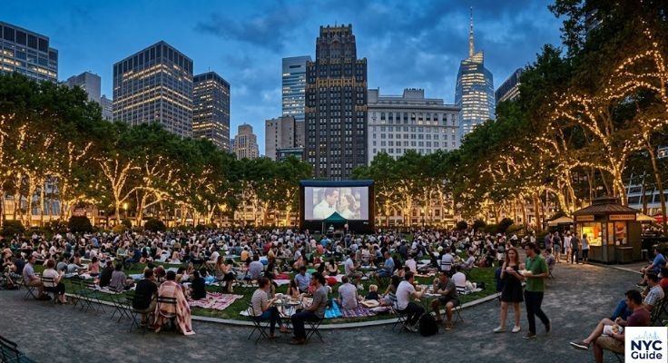 Bryant Park outdoor movie night with crowd on lawn