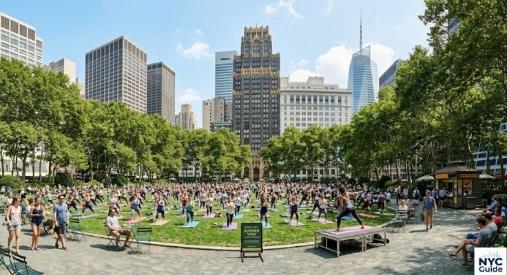 People doing yoga on Bryant Park lawn during summer