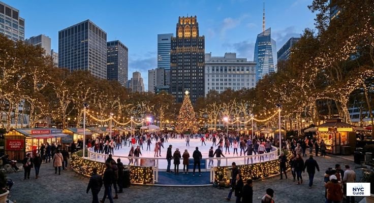 Bryant Park Winter Village ice skating rink with holiday lights