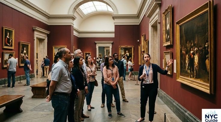 Small guided tour group listening to a museum guide inside the Metropolitan Museum of Art