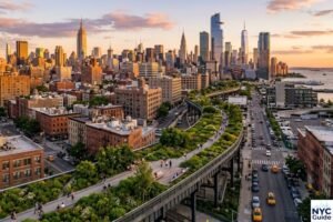 High Line Park NYC aerial view with skyline and greenery
